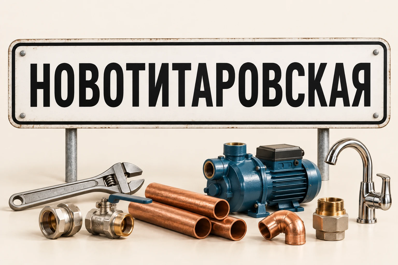 Композиция с дорожным знаком Новотитаровская, разводным ключом, смесителем, насосом и медными трубами
